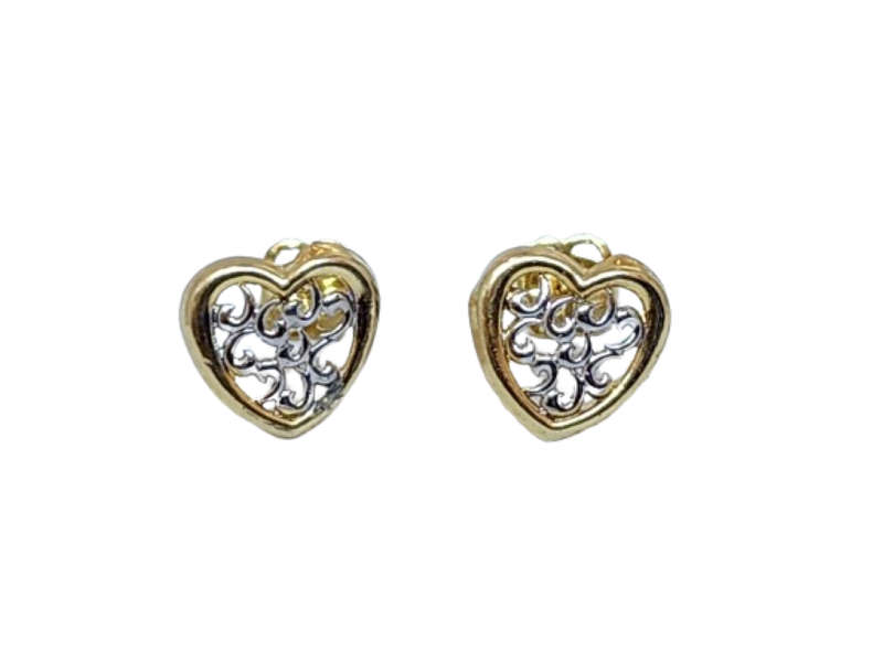 9CT SMALL TWO TONE FILIGREE HEART STUD EARRING