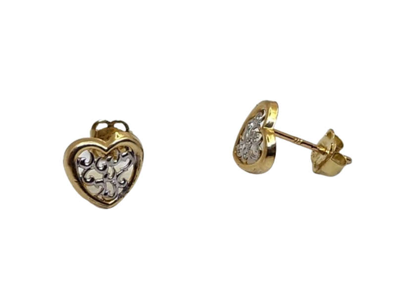 9CT SMALL TWO TONE FILIGREE HEART STUD EARRING