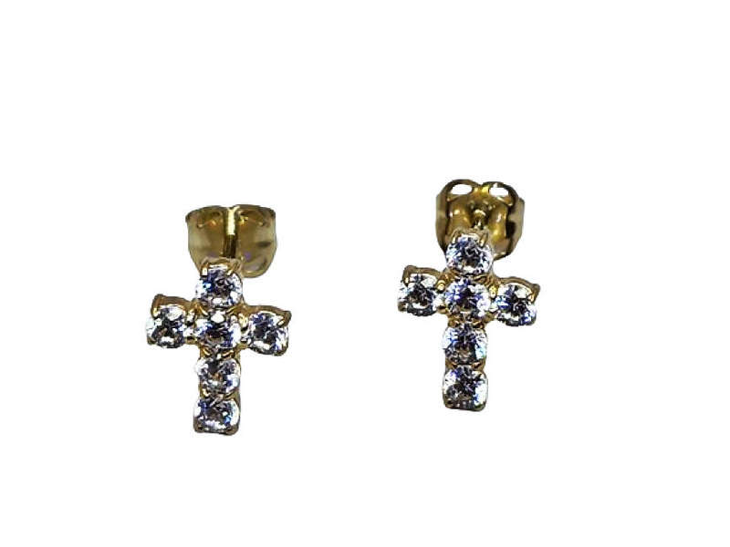 9CT GOLD AND CUBIC ZIRCONIA CROSS STUD EARRING