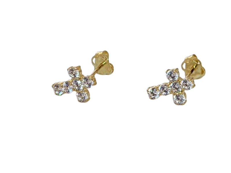 9CT GOLD AND CUBIC ZIRCONIA CROSS STUD EARRING