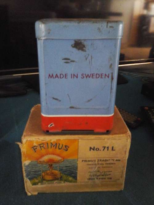 small camping primus stove in original box with instructions box size ( l ) 14 cm ( w ) 10 cm.