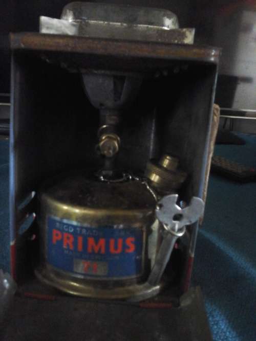 small camping primus stove in original box with instructions box size ( l ) 14 cm ( w ) 10 cm.