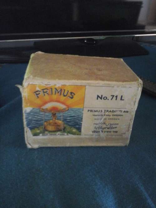 small camping primus stove in original box with instructions box size ( l ) 14 cm ( w ) 10 cm.