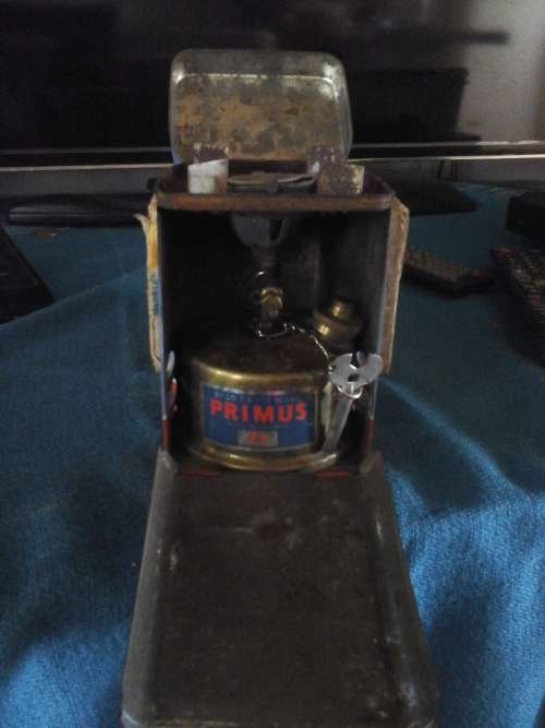 small camping primus stove in original box with instructions box size ( l ) 14 cm ( w ) 10 cm.