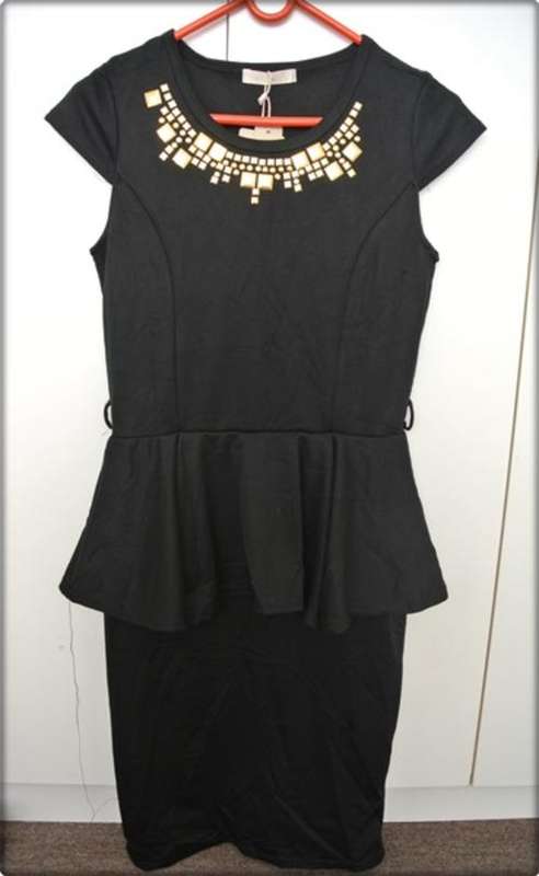 Smart casual ladies officewear dress with gold embellishment.
