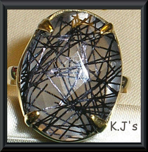 ***R2599***LARGE SOLID SILVER 20MM BLACK RUTILE QUARTS SOLITAIRE RING - N
