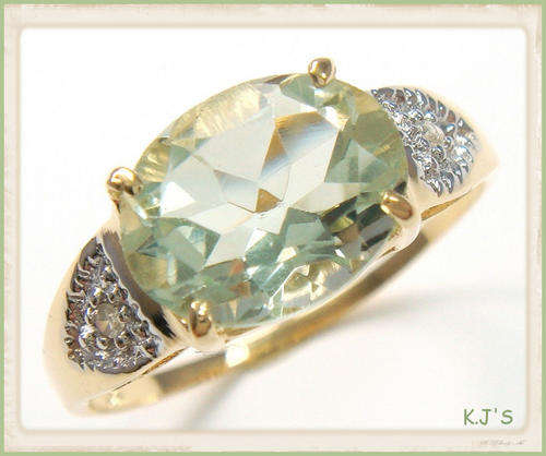 ***MONEY BACK GUARANTEE***EXOTIC 10KT FINE YELLOW GOLD GREEN AMETHYST & DIAMOND RING#7