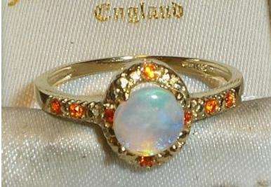 LOVELY 9CT SOLID GOLD FIRE OPAL CLUSTER RING SIZE O~~