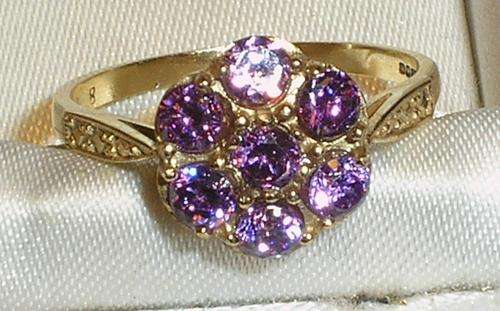 ***R8999***9CT GOLD REAL AMETHYST CLUSTER RING SIZE N