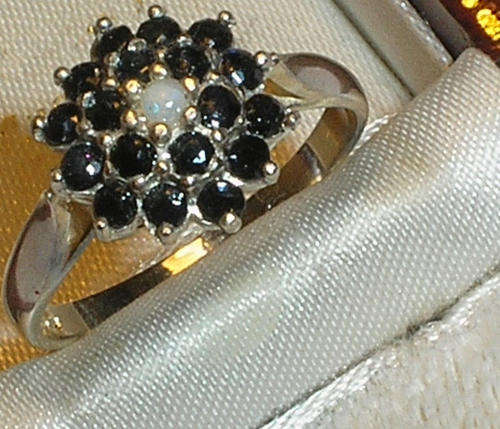 ***R1665***ENGLISH SILVER REAL SAPPHIRE & OPAL CLUSTER RING - M