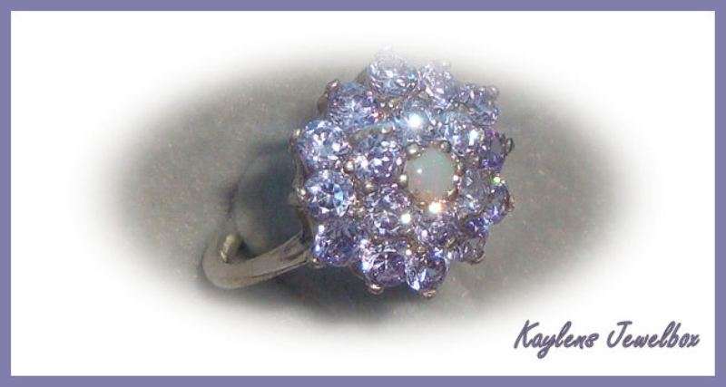 ***R1499***SOLID SILVER LILAC STONE & OPAL CLUSTER RING - m