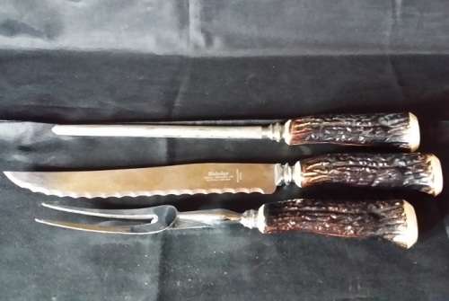3 PIECE SHEFFIELD ENGLAND CARVING SET ( KNIFE , FORK , SHARPENER ) RICHEDGE WESTALL RICHARDSON