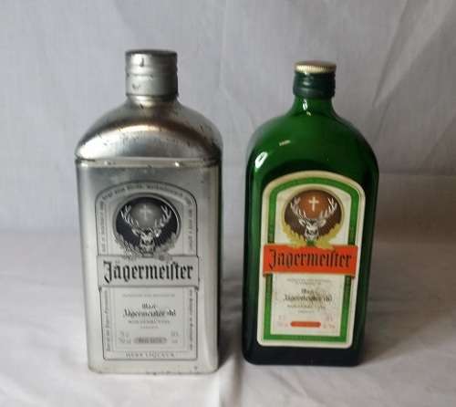 JAGERMEISTER METAL BOTTLE HOLDER AND BOTTLE