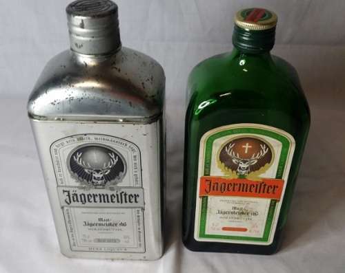JAGERMEISTER METAL BOTTLE HOLDER AND BOTTLE