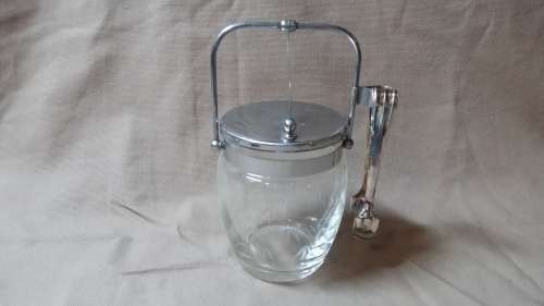 GLASS ICE BUCKET WITH SHERATON SILVER PLATED TONG