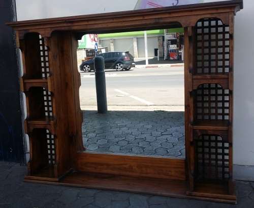 A SOLID WOODEN  MIRROR AND SHELVE UNIT can be wall mounted or on  /  BUYER MUST COLLECT EDENVALE JHB