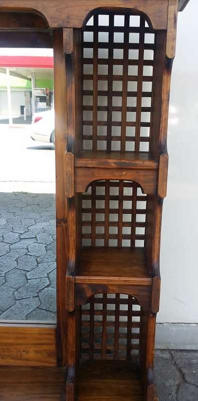 A SOLID WOODEN  MIRROR AND SHELVE UNIT can be wall mounted or on  /  BUYER MUST COLLECT EDENVALE JHB