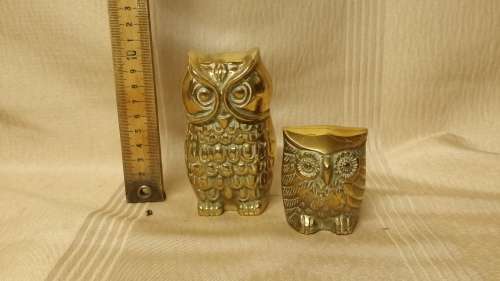 TWO BRASS OWL ORNAMENTS