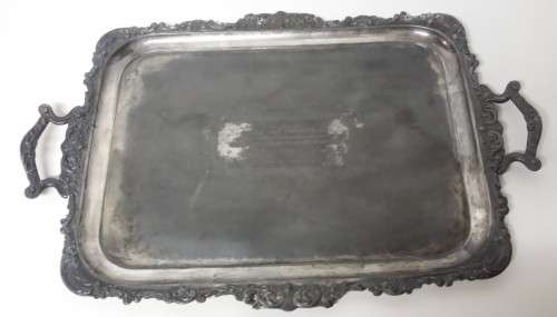 LARGE  ANTIQUE 1900 WELL AGED  SILVER PLATED TRAY ( ENGRAVED ) 48 CM X 37 CM