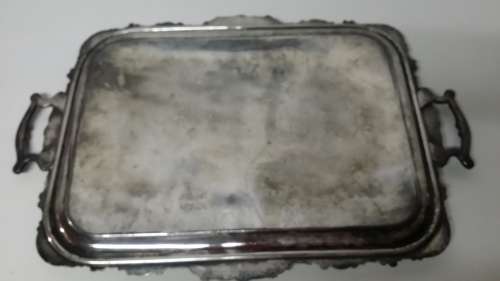 LARGE  ANTIQUE 1900 WELL AGED  SILVER PLATED TRAY ( ENGRAVED ) 48 CM X 37 CM