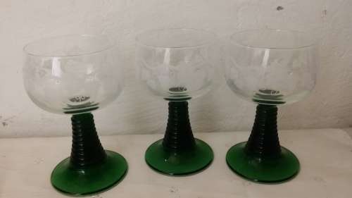 SET OF THREE GREEN STEMMED GLASSES