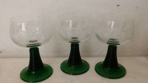 SET OF THREE GREEN STEMMED GLASSES