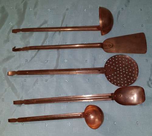 FIVE COPPER LADDLES UTENCILS