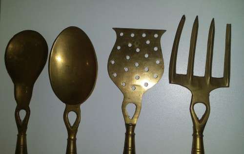 Set of Four Large 42 cm Country kitchen Brass and Wood Utensils / Decor