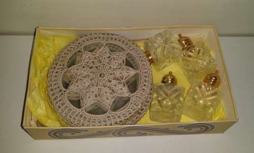 SIX GLASS COATERS WITH CROCHET COVERS AND TWO SETS OF SALT  PEPPER SHAKERS