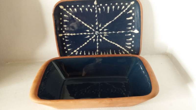 2 piece Terracotta and Blue Bowl and Dish 25 and 21 cm
