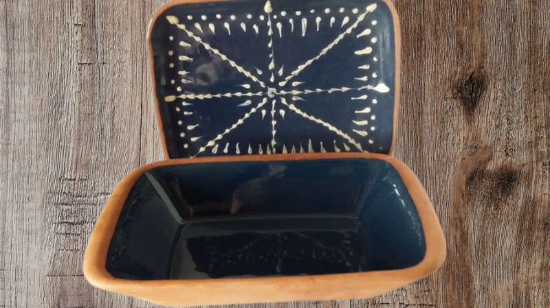 2 piece Terracotta and Blue Bowl and Dish 25 and 21 cm