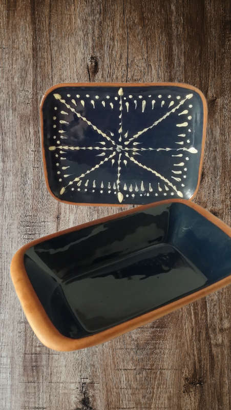 2 piece Terracotta and Blue Bowl and Dish 25 and 21 cm
