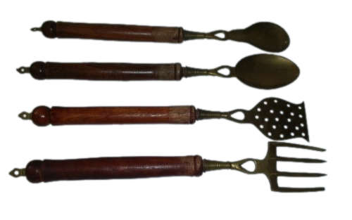 Set of Four Large 42 cm Country kitchen Brass and Wood Utensils / Decor