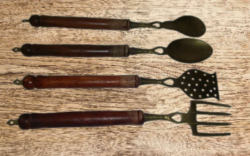Set of Four Large 42 cm Country kitchen Brass and Wood Utensils / Decor
