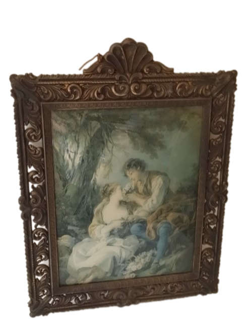 VINTAGE BRASS WITH BENT GLASS FRAME COURTING COUPLE LARGE  42  X 32 CM