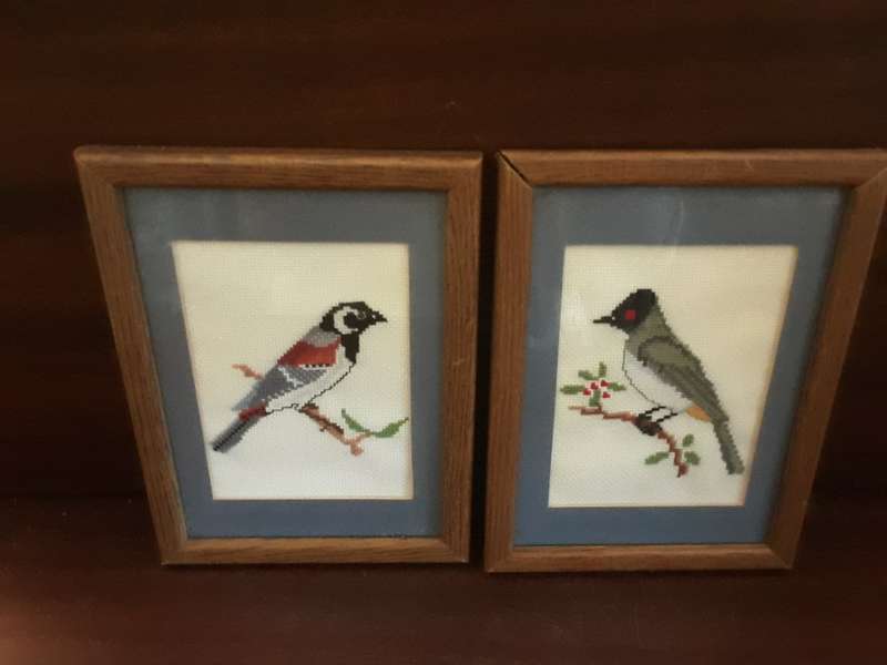 Pair of Two Framed Bird Tapestries 19 X 14 cm