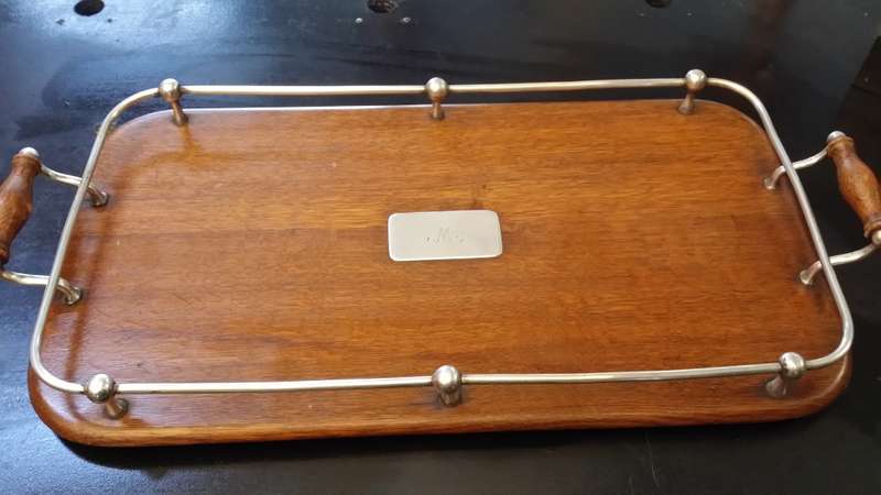Vintage wooden Tray with silver plate railing and handles 55  x 27 cm