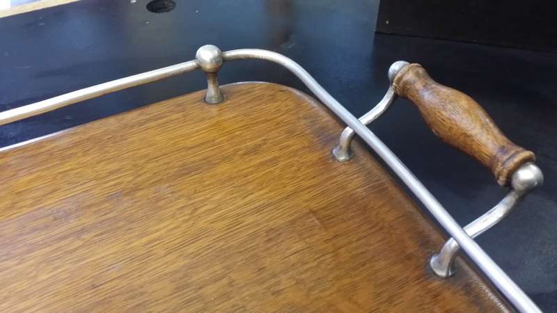 Vintage wooden Tray with silver plate railing and handles 55  x 27 cm