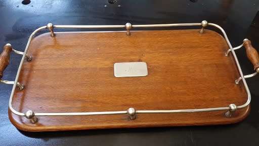 Vintage wooden Tray with silver plate railing and handles 55  x 27 cm