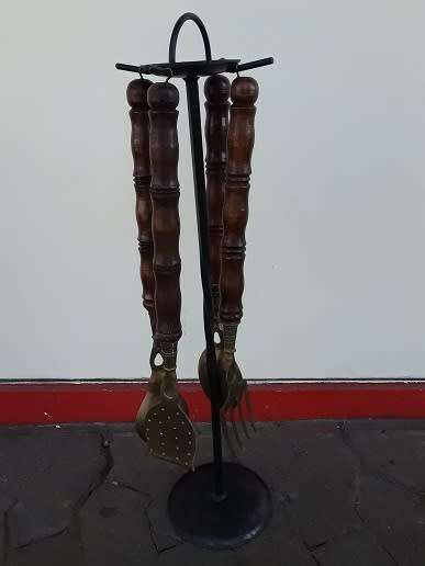 Stand with four Wood and Brass Utensils
