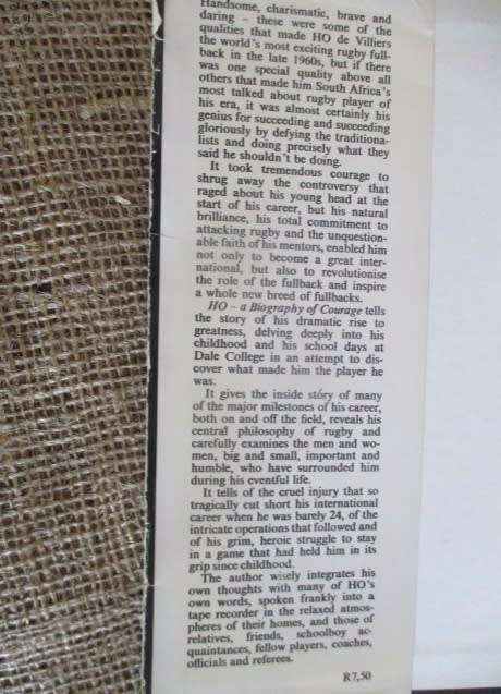 HO de Villiers - Most talked rugby player of his era 1960's  HO A Biography Of Courage Neville Leck