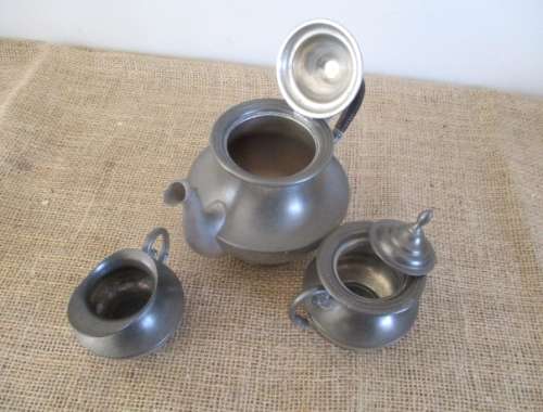 Vintage Trio Set Coffee/Tea Pot, Sugar & Creamer  C Kurz & Co Tiel  Holland  Etain Pur  Pure Pewter