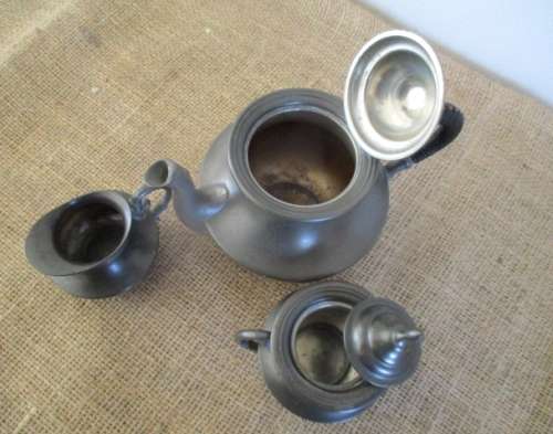 Vintage Trio Set Coffee/Tea Pot, Sugar & Creamer  C Kurz & Co Tiel  Holland  Etain Pur  Pure Pewter