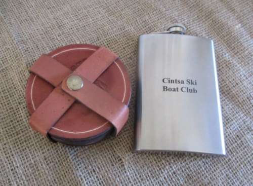 One Vintage Stainless 9oz Hip Flask With Six Bull Brand Coasters