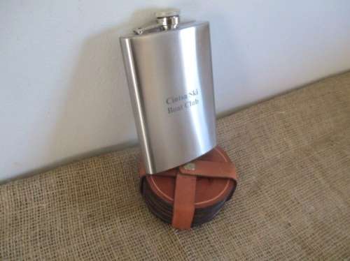 One Vintage Stainless 9oz Hip Flask With Six Bull Brand Coasters