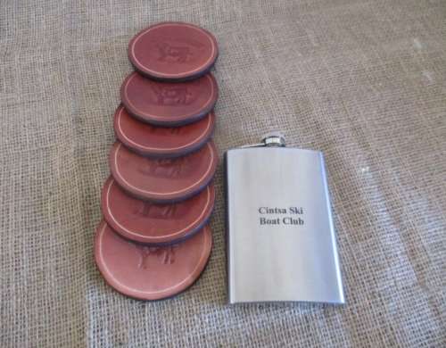One Vintage Stainless 9oz Hip Flask With Six Bull Brand Coasters