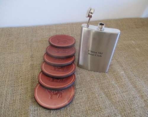 One Vintage Stainless 9oz Hip Flask With Six Bull Brand Coasters