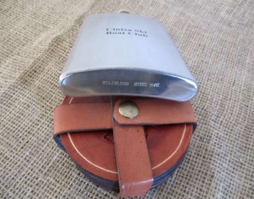 One Vintage Stainless 9oz Hip Flask With Six Bull Brand Coasters