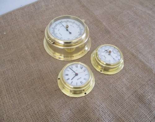 The Magnificent Brass Trio !!! Two Brass Weather Barometers And One Battery Operated Clock