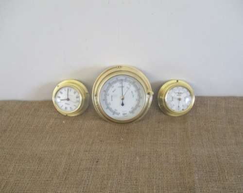 The Magnificent Brass Trio !!! Two Brass Weather Barometers And One Battery Operated Clock